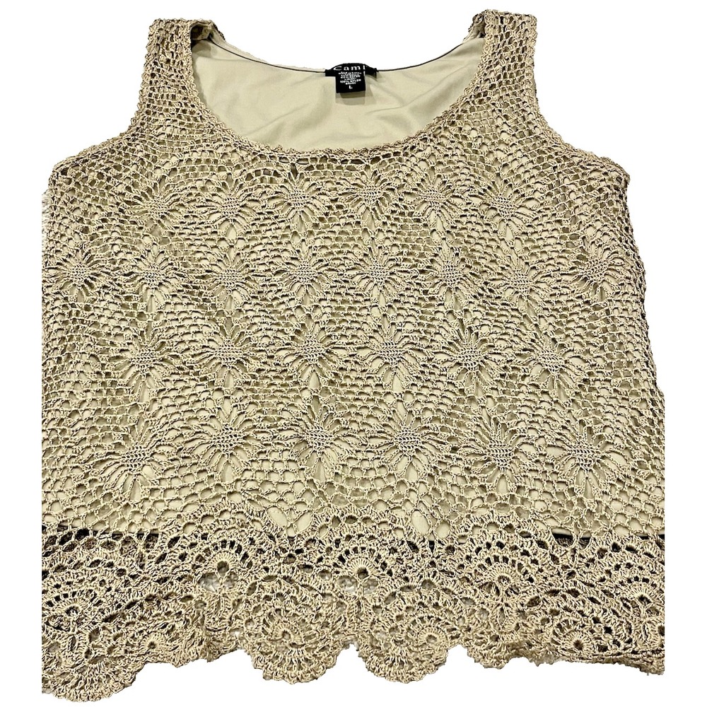 Vtg Crocheted Lace Tank Top Beige Tan Womens Size Large CAMI Victorian Y2K G26